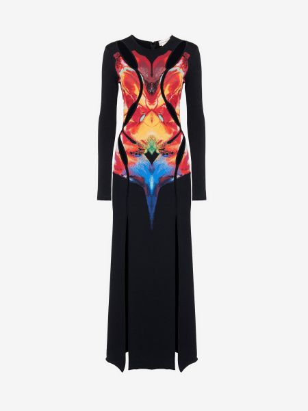 Women Solarised Orchid Jacquard Slashed Dress Dresses Black/Red/Yellow Alexander Mcqueen